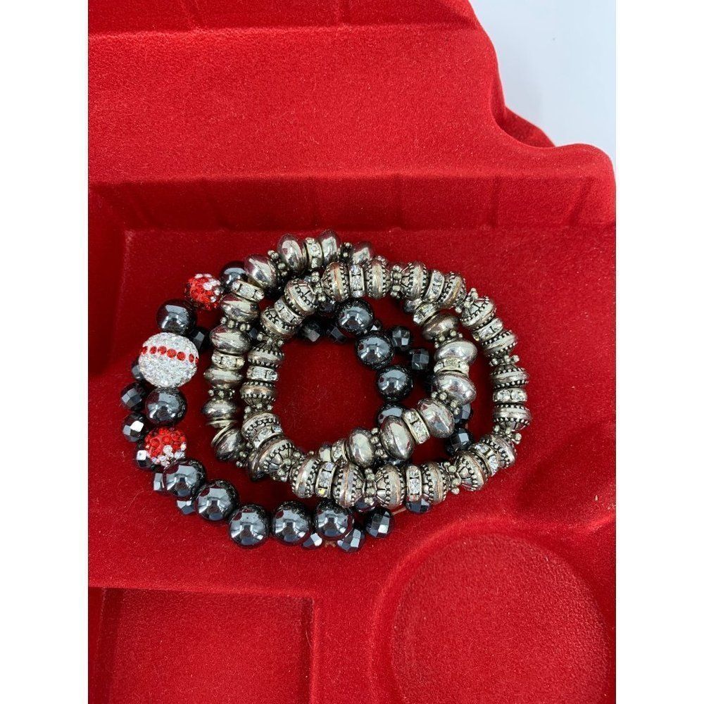 Lot of 4 Beaded Bracelets Black Glass Faceted Beads and Metal Imprint Beads 0619